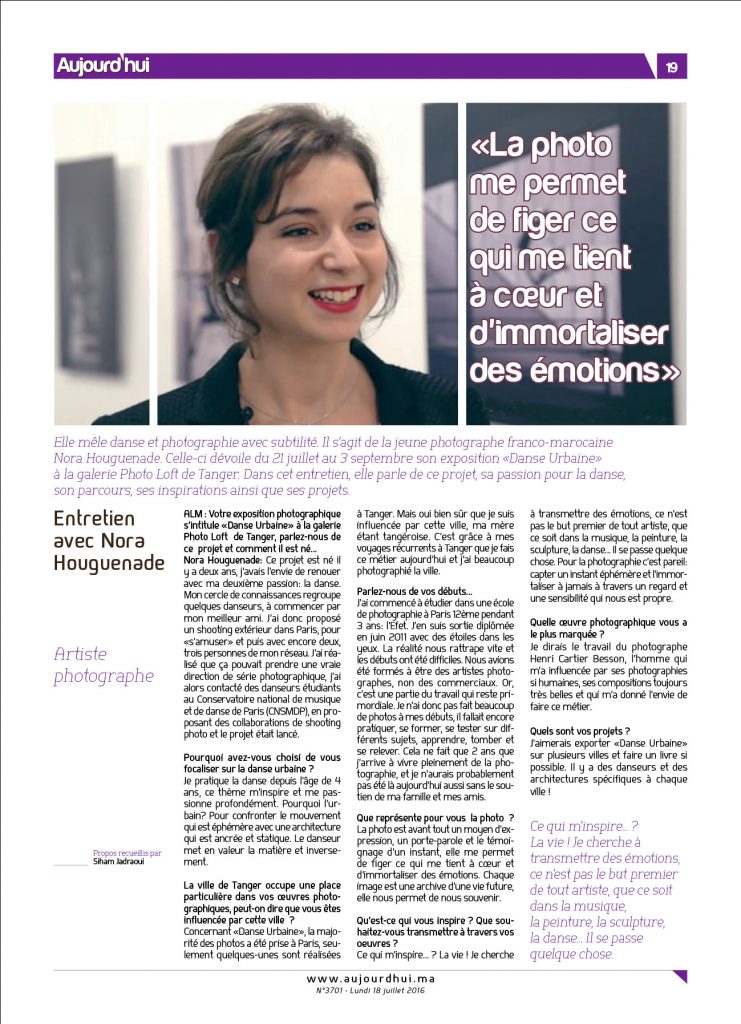 Interview de Nora H. dans Aujourd'hui le Maroc